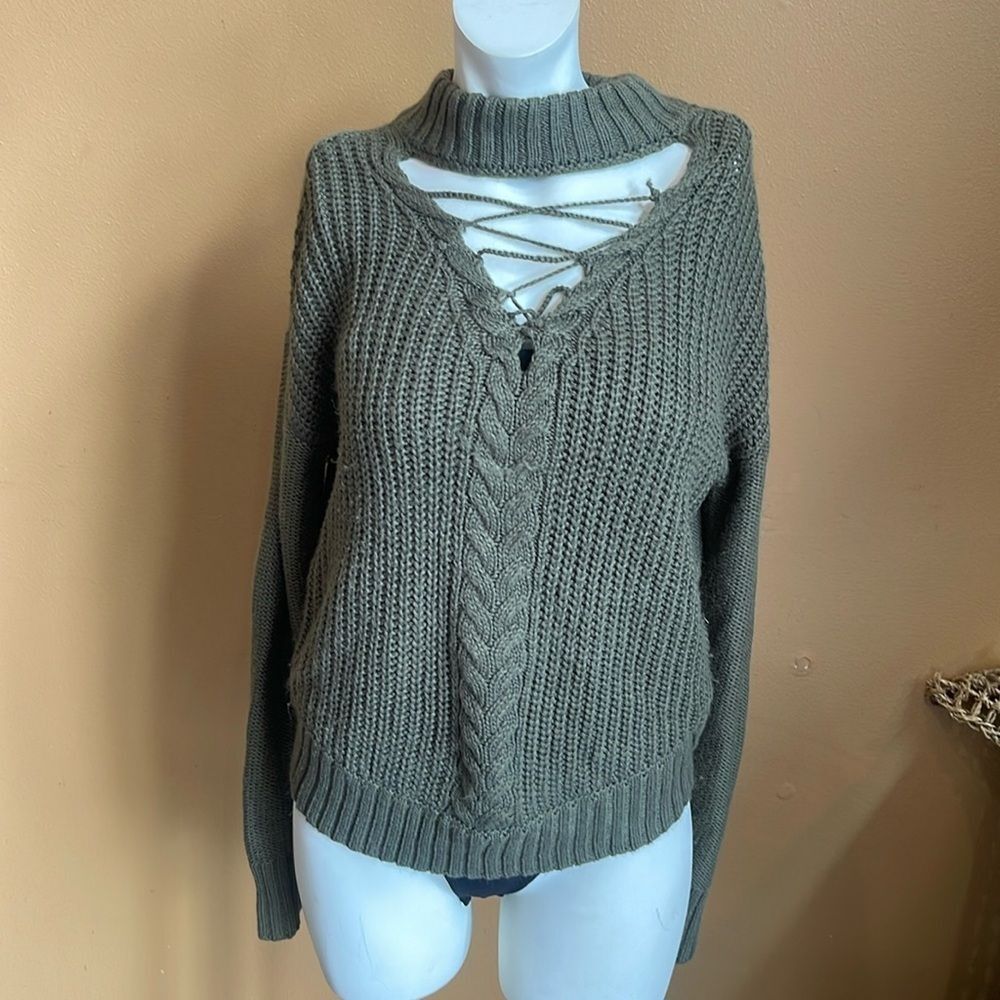 American Rag Juniors Beige Lace-Up Cutout Mock-Neck Sweater size S